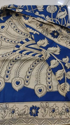  Blue and White Floral Print Cotton Saree with Zari Border