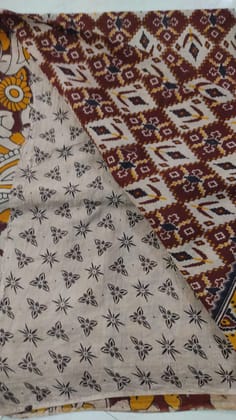  Handwoven Kalamkari Cotton Saree with Floral and Geometric Prints in Brown and Cream