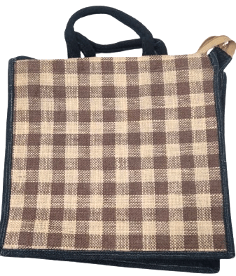 Jute Check Pattern Tote Bag with Black Trim