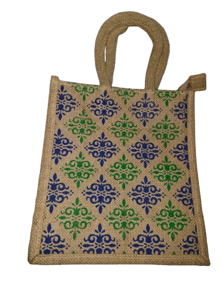  Handmade Jute Bag with Blue and Green Floral Print