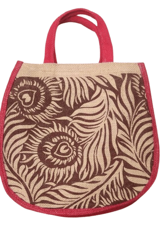 Jute Tote Bag /Hand Bag with Red Handles and Brown Floral Print