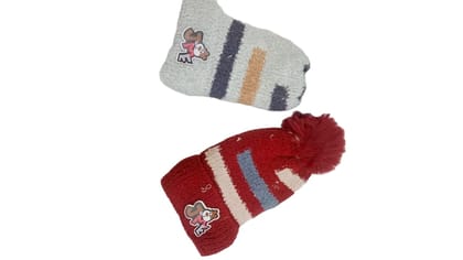  Striped Knitted Winter Hat with Faux Fur Pom Pom for Kids