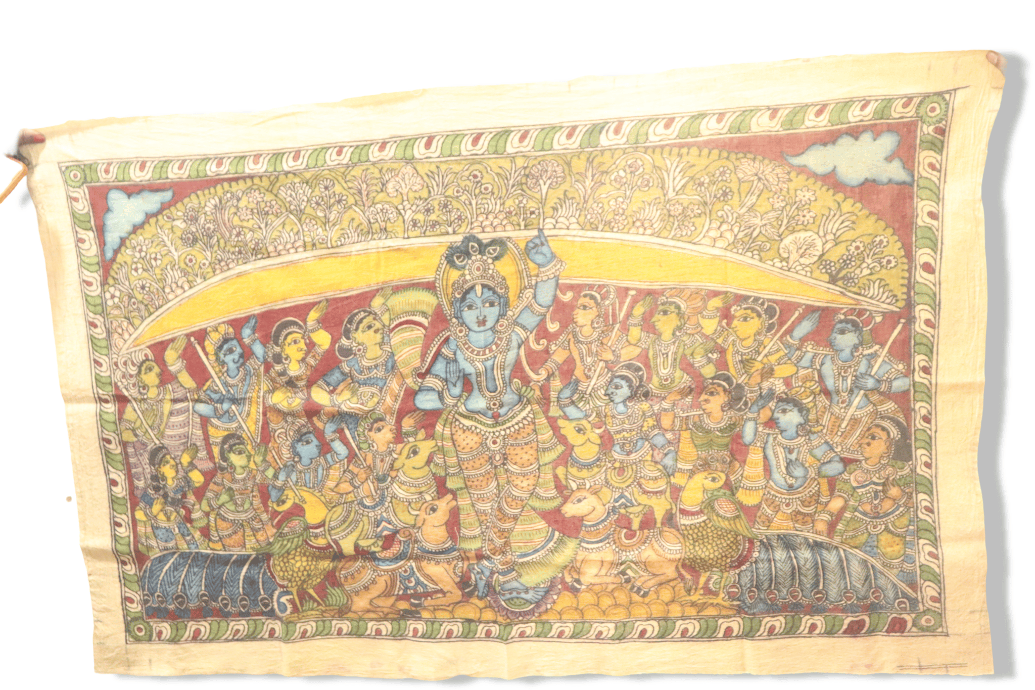 Kalamkari handmade design Krishna and Arjuna on a Chariot with the Pandava Army