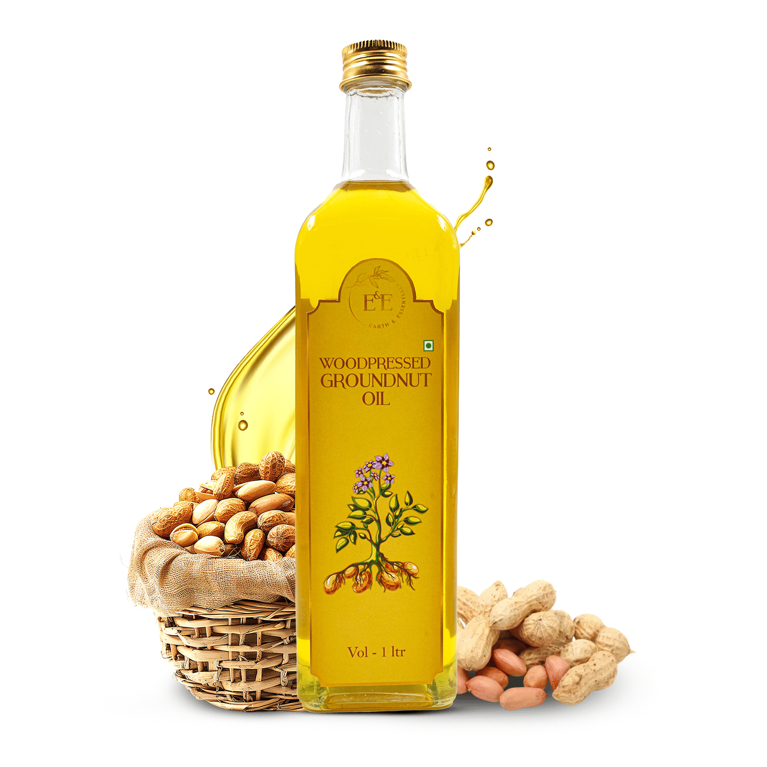 Earth and Essentials Woodpressed Groundnut Oil (1 ltr) I Wood Churned, Kolhu, Kachi Ghani Moongfali Tel I A+ Grade Groundnut Seeds I Nutrition Content High I Healthy oil for everyday cooking