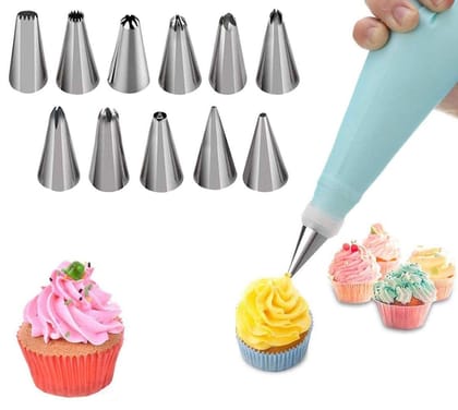 Namaskaram 12 PC Cake Decorating Nozzle with Piping Bag Stainless Steel Piping Cream Frosting Nozzles Set/Icing Tips Cake Cupcake Muffin Decorating Tool (Random Color)