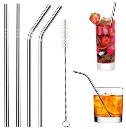 Mode Koorts Stainless Steel Drinking Straws for Beverage | Reusable | Bar Drink Straw | 8.5 Inch Long & 6 MM Radius | 2 Bend Straw, 2 Straight Straw & 1 Straw Cleaning Brush | Set of 5