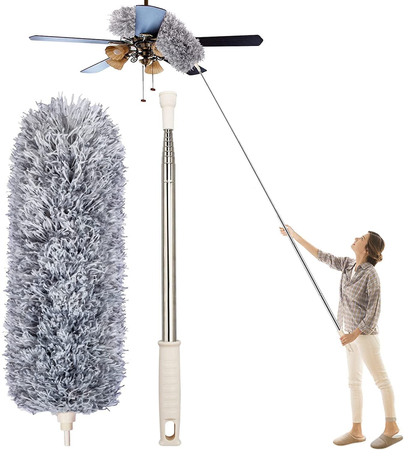 Namaskaram Washable Bendable Head Microfiber Duster with Extension Pole,100 inch Wet or Dry Dust Collect Telescoping Dusters for Cleaning Ceiling Fan,High Ceiling,Keyboard,Furniture,Cars