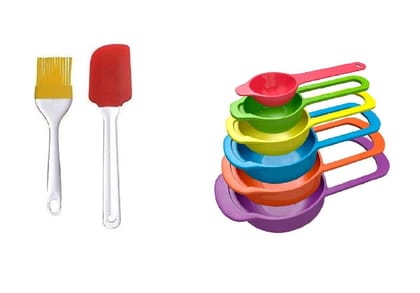 Namaskaram Popular Combo - 6Pcs Colorful Measuring Cups and Spoons Set, Silicone Spatula and Brush Set Combo