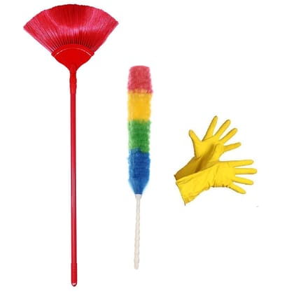 Namaskaram? Ceiling Jala Cobweb Cleaning Broom and Magic Colorful Microfiber Static Duster with 1 Pair of Hand Care Household Rubber Hand Gloves (Multicolor)