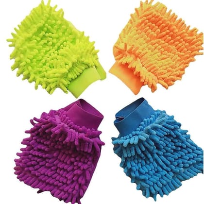 namaskaram Microfibre Wash and Dust Chenille Mitt Cleaning Gloves (4 Pcs Double Sided, Medium Size, Chenille Mitt Glove for Dust Cleaning, Car Washing Scratch Free Dusting Gloves - Multicolor