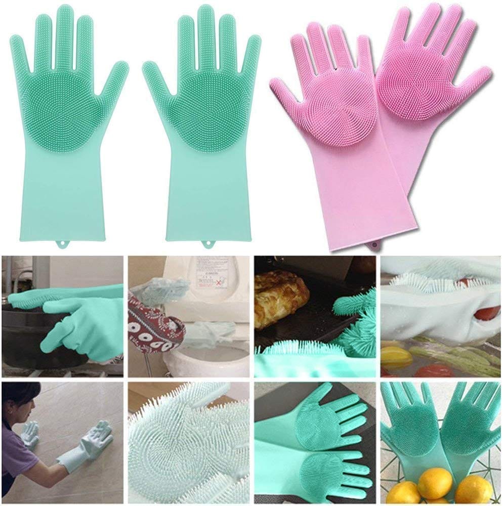 namaskaram Magic Silicone Scrubbing Gloves, Scrub Cleaning Gloves with Scrubber for Dish-Washing and Pet Grooming, Latex Free (Multi Color, 2 Pair)