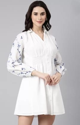  White Embroidered A-Line Shirt Dress