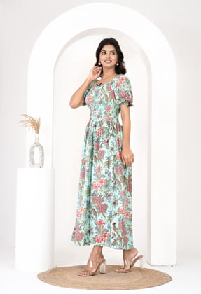  Women's Floral Print Smocked Waist Maxi Dress