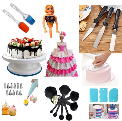 Cake making combo tools items with doll- Turn table,Set Spatula,Nozzle set, scarppers,measuring cups,smoothner,silicon oil brush and spatula