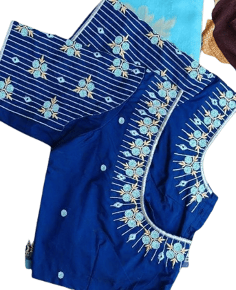  Blue Embroidered Boat Neck Blouse