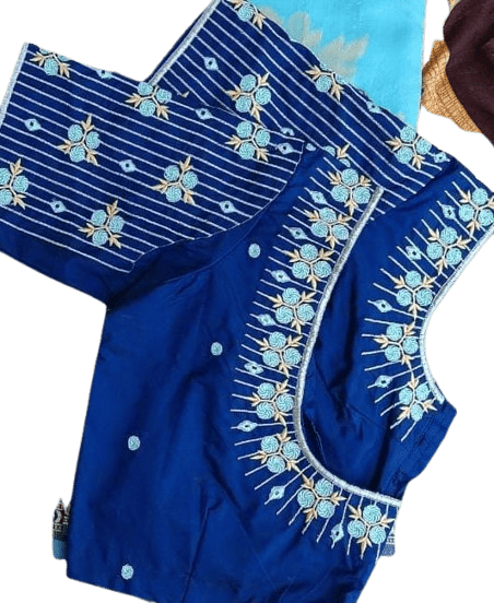  Blue Embroidered Boat Neck Blouse