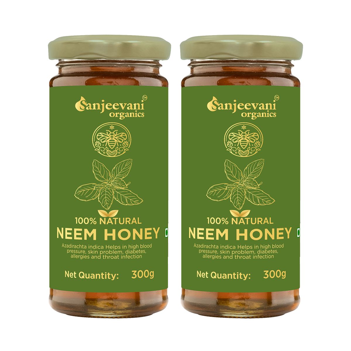 Sanjeevani Organics 100% Natural Neem Honey Combo Pack 600g (300g x 2) – Unpasteurized Honey, Glass Jar Value Pack