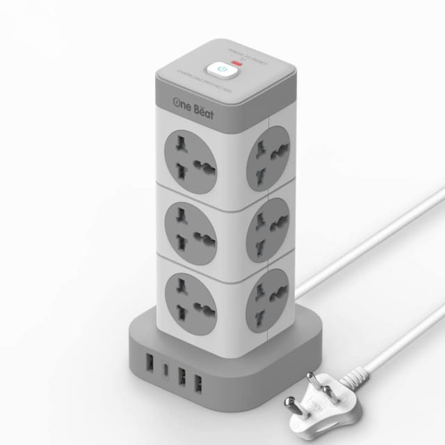 One Beat Tower Extension Boards with USB Port with Universal Sockets and USB Charging Ports with Indicatori Plug Socket (12 Socket + 3 USB + 1 Type C), 250 Volts, White