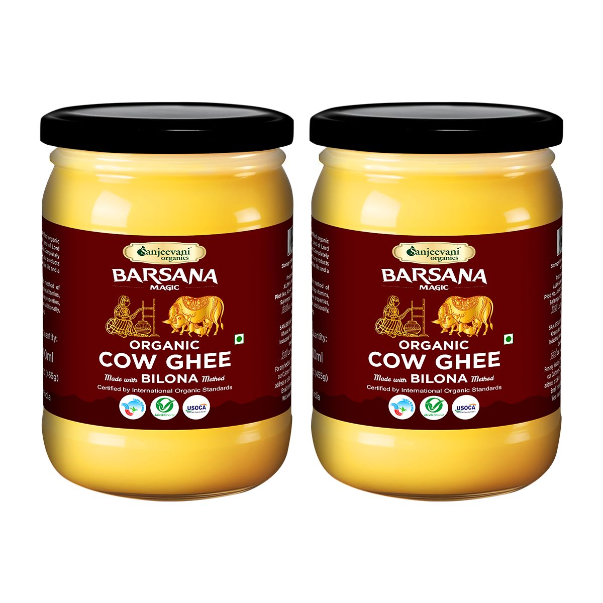 Sanjeevani Organics Organic Bilona Cow Ghee 500ml – Made with Traditional Bilona Process, Authentic Ghee in Glass Jars, Pack of 2