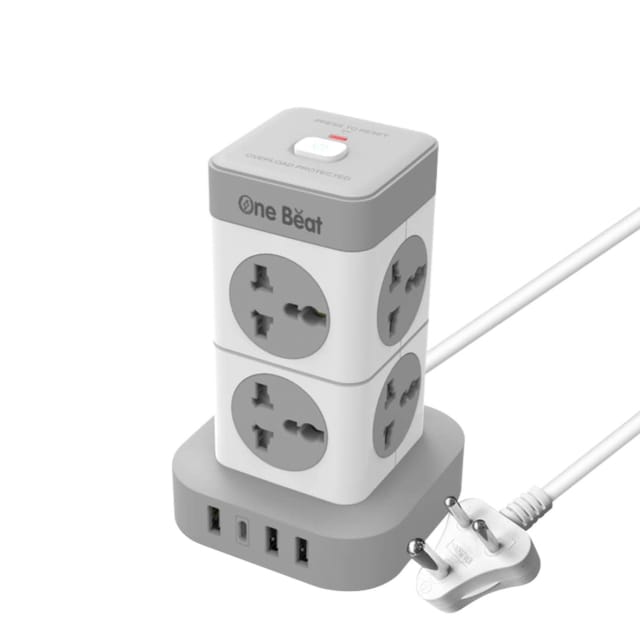 One Beat Mini Tower Extension Boards with USB Port with Universal Sockets and USB Charging Ports with Indicatori Plug Socket (8 Socket + 3 USB + 1 Type C), 250 Volts, White