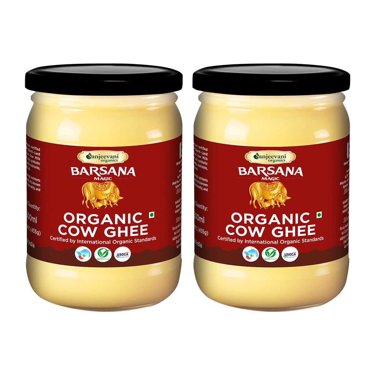 Sanjeevani Organics Organic A2 Cow Ghee Glass Jar Pack of 2 (500ml Each) – Grass-Fed Indian Cow Ghee, Authentic, Natural & Healthy, No Preservatives, No Added Sugar, Lab Tested