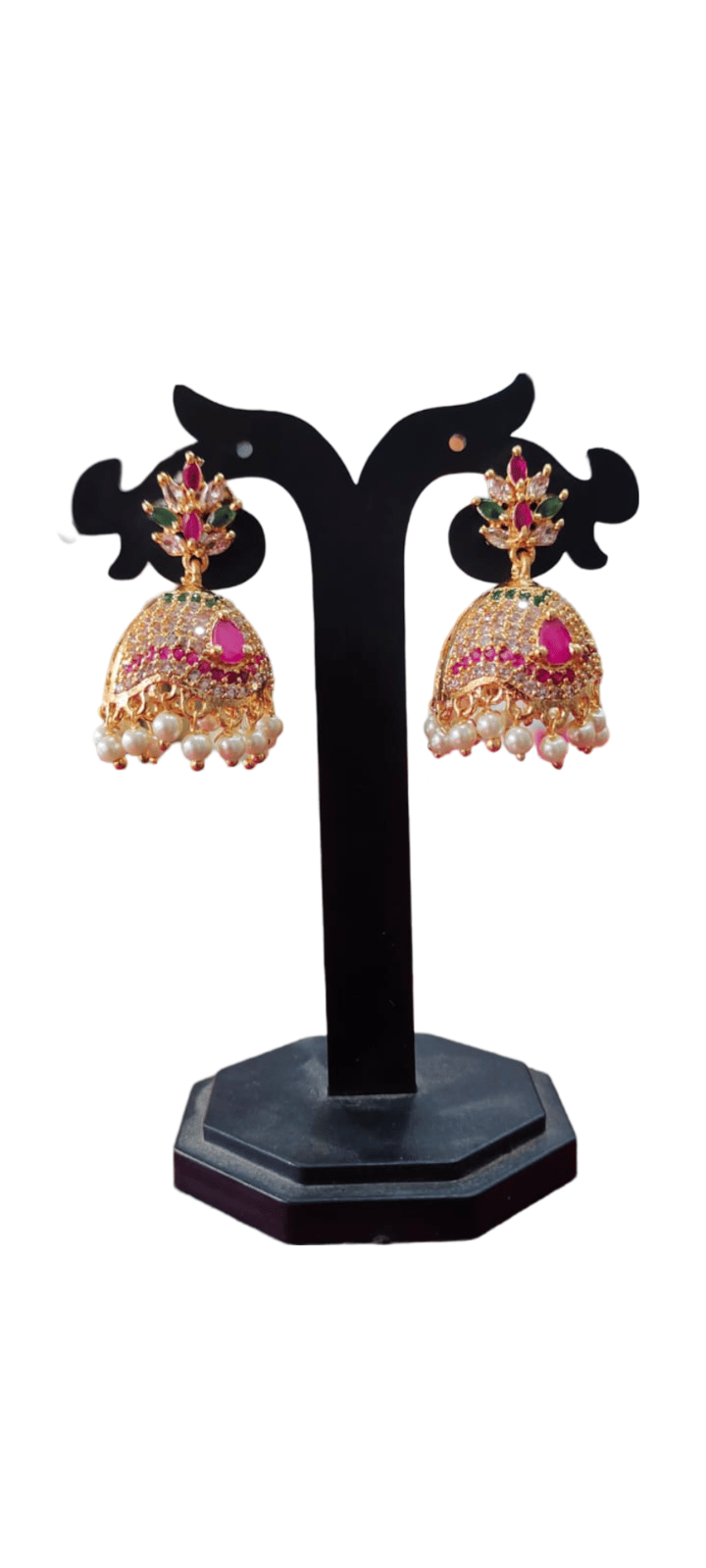 Gold Plated Ruby and Pearl Jhumka Earrings