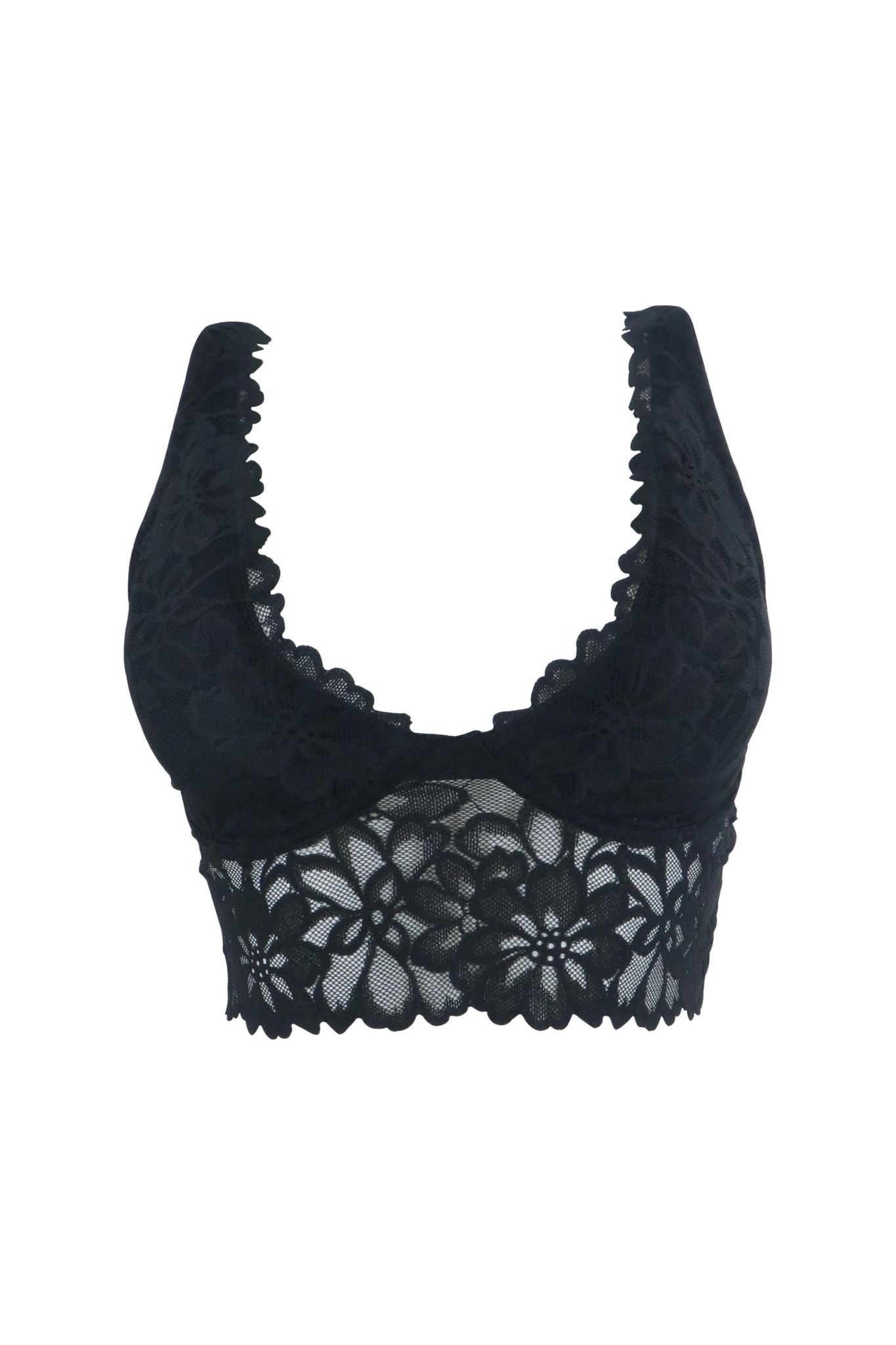 Sheluxe Women’s Floral Lace Longline Bralette with Deep V-Neck, Wire-Free Support, and Adjustable Straps for Everyday Comfort Black