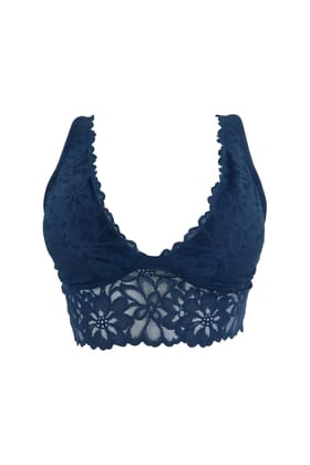 Sheluxe Women’s Floral Lace Longline Bralette with Deep V-Neck, Wire-Free Support, and Adjustable Straps for Everyday Comfort Dark Blue