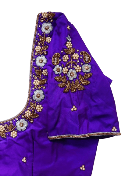  Women's Purple Silk Saree Blouse with Floral Embroidery and Pearl Detailing