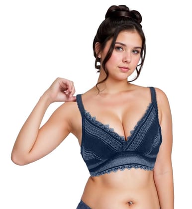 "Women's Push-Up Bra with Lace Detailing - Stylish Floral Pattern, Comfortable Support, Adjustable Straps, Blue