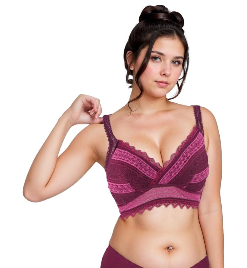 "Women's Push-Up Bra with Lace Detailing - Stylish Floral Pattern, Comfortable Support, Adjustable Straps, Dark Purple