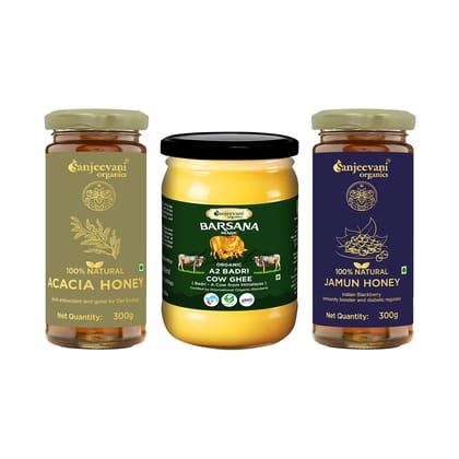 Sanjeevani Organics A2 Badri Cow Ghee 500ml, 100% Natural Acacia Honey 300g & 100% Natural Jamun Multi-Floral Honey 300g Combo Pack of 3