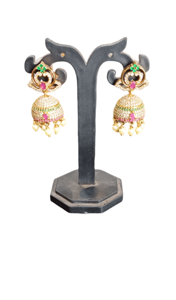  Gold Plated Kemp Stones Jhumka Earrings With Pearls