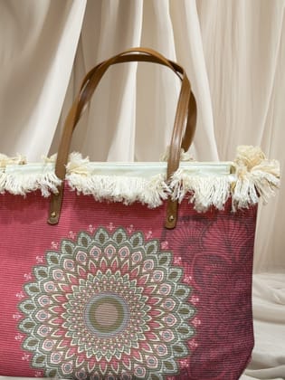  Fringed mandala tote bag with faux leather handles