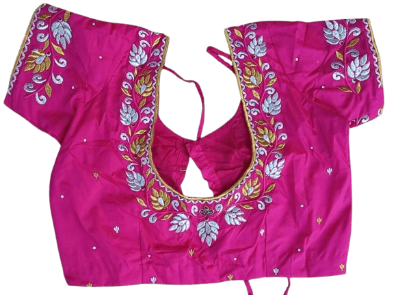  Pink and gold embroidered boat neck blouse