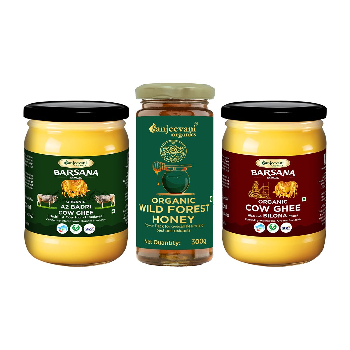 Sanjeevani Organics  A2 Badri Cow Ghee 500ml, Organic Bilona Cow Ghee 500ml, Organic Wild Forest Honey 300g, Unprocessed & Natural Honey, Pack of 3