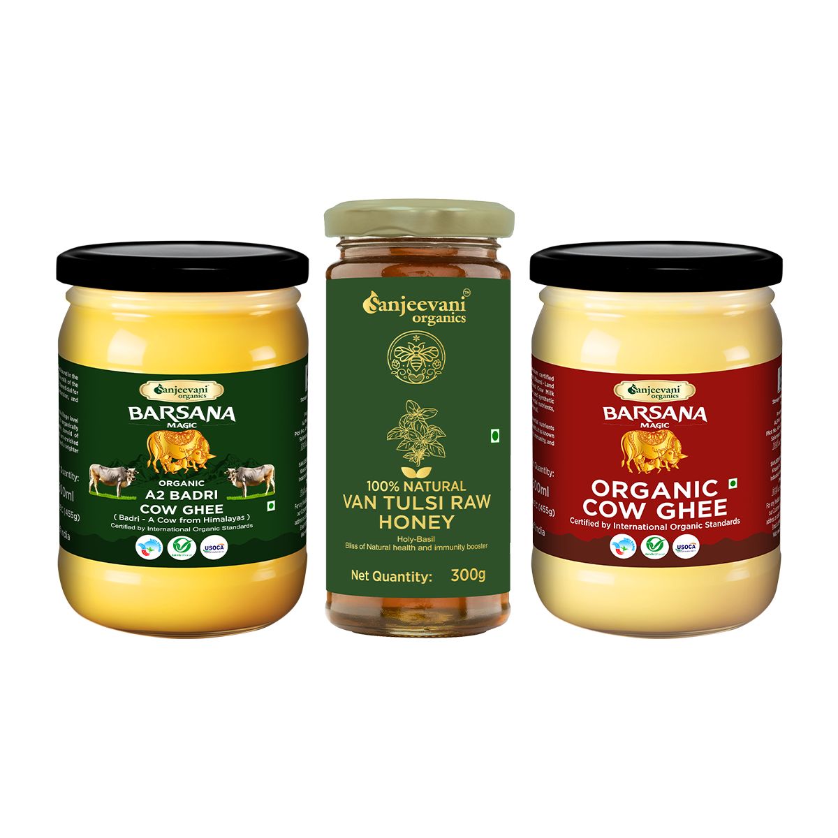 Sanjeevani Organics Organic Cow Ghee 500ml, A2 Badri Cow Ghee 500ml, 100% Natural Neem Honey 300g, Glass Jars, Pack of 3