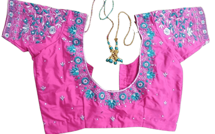  Pink Hand Embroidered Floral Saree Blouse