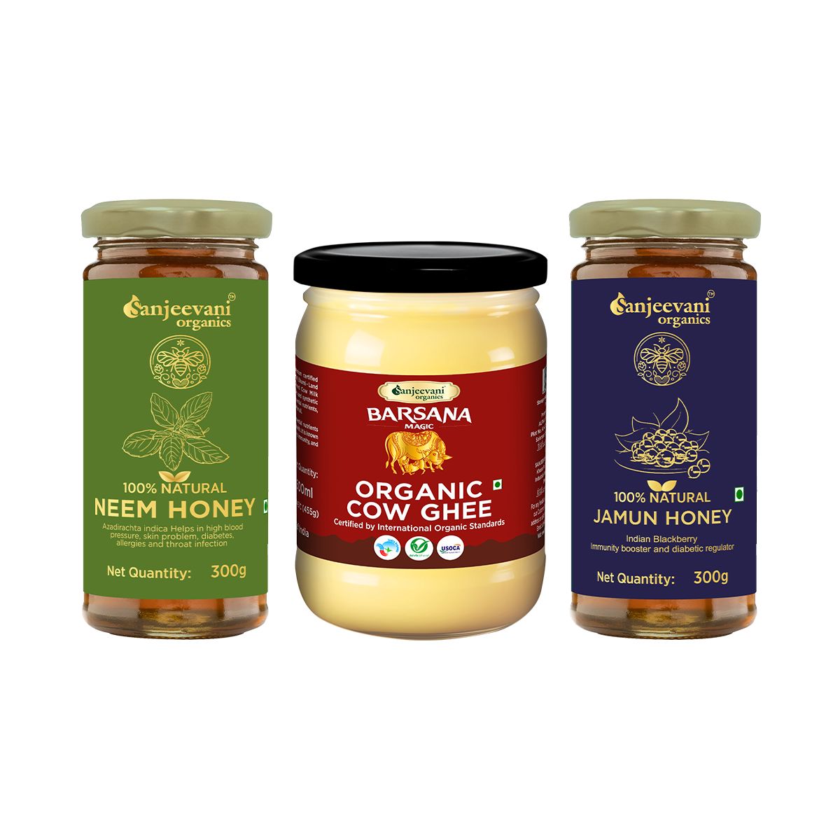 Sanjeevani Organics 100% Natural Neem Honey 300g, Organic Cow Ghee 500ml, 100% Natural Jamun Honey 300g | Natural Ingredients, No Additives, Nutrient-Rich | Combo Pack of 3