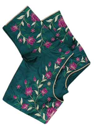  Green blouse with pink and gold floral embroidery