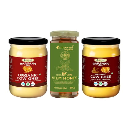 Sanjeevani Organics 100% Natural Neem Honey 300g, Organic Cow Ghee 500ml, Organic Bilona Cow Ghee 500ml Made with Traditional Bilona Process | Pack of 3