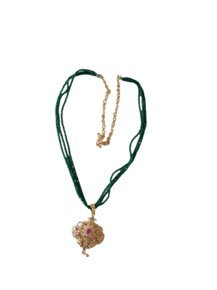  Gold Plated Traditional Indian Necklace Set with Green Beads and Pink Stone Pendant