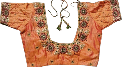  **Title:**  Embroidered Orange Silk Saree Blouse With Floral Motifs