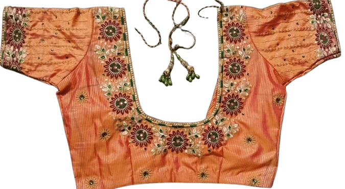  **Title:**  Embroidered Orange Silk Saree Blouse With Floral Motifs