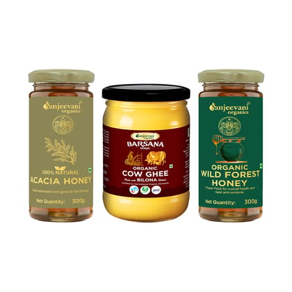 Sanjeevani Organics Pack of 3 – 100% Natural Acacia Honey 300g, Organic Wild Forest Honey 300g, Organic Bilona Cow Ghee 500ml | Made with Authentic Bilona Process