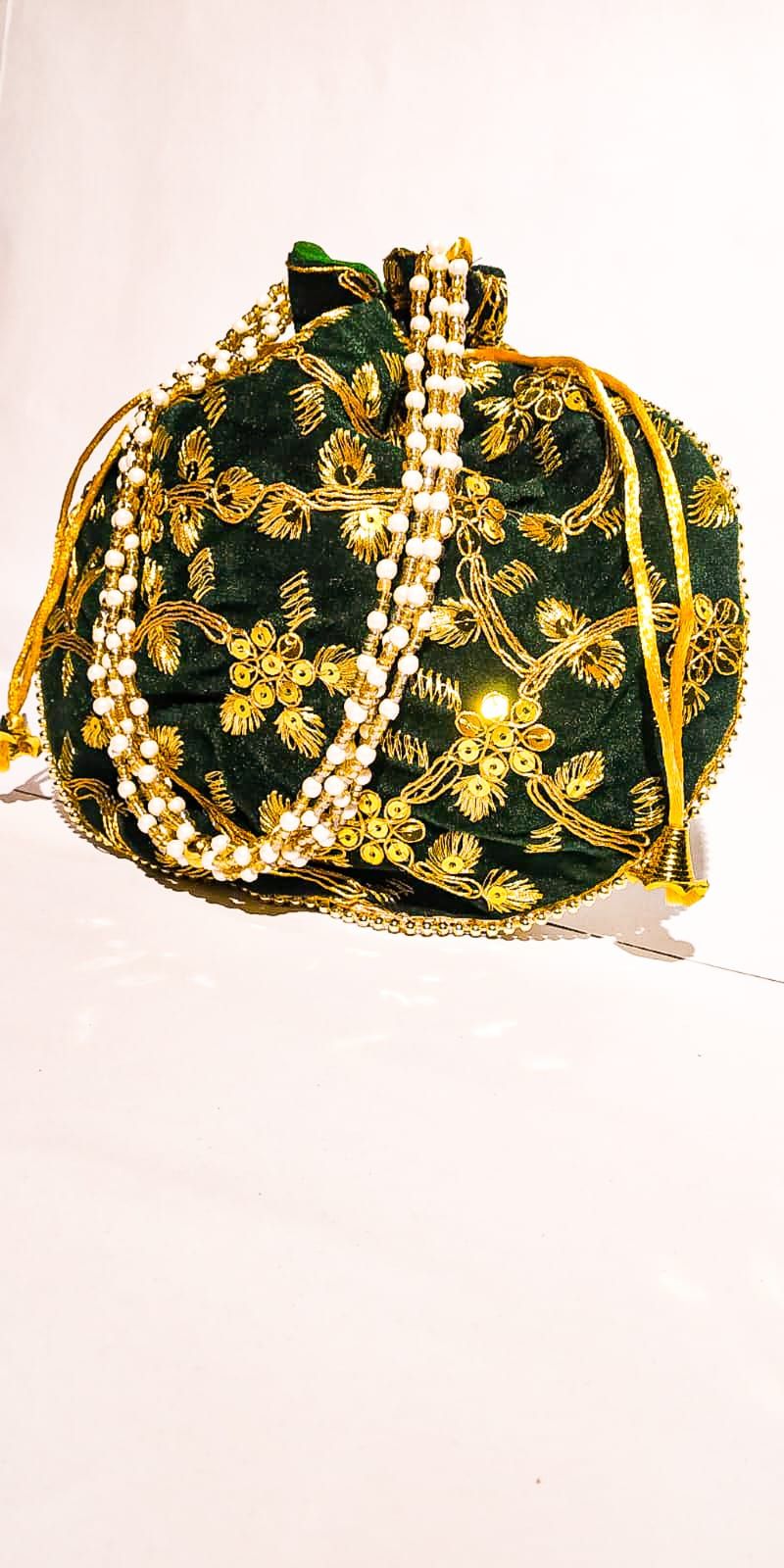  Green Velvet Potli Bag with Pearl and Zari Embroidery