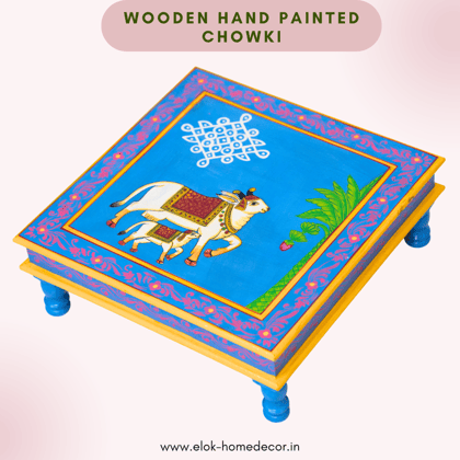 Hand painted cow & calf pichwai art sky blue color wooden chowki / Bajot