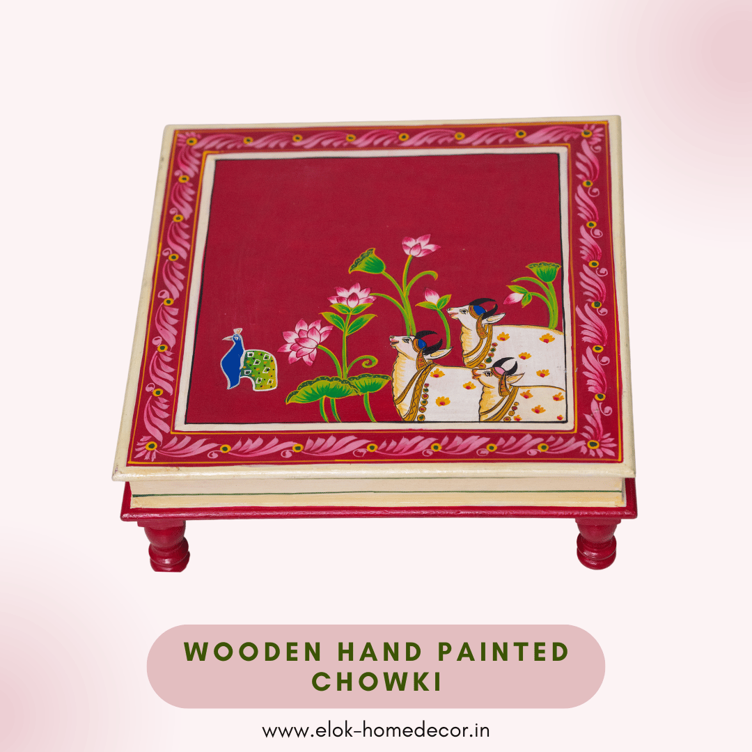 Hand painted pichwai art maroon color wooden chowki / Bajot