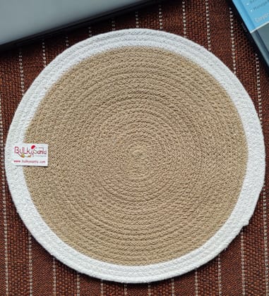 BulkySanta Cotton Place mats 38 cm (15") Round Table Mats, Heat Resistant, Reversible Use, Washable (White-Brown) (Pack of 2)