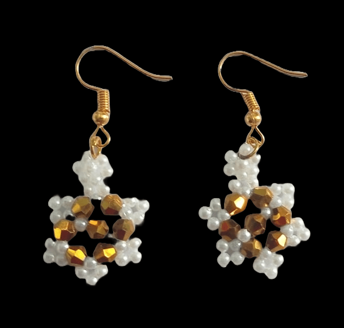  Gold and White Beaded Snowflake Earrings